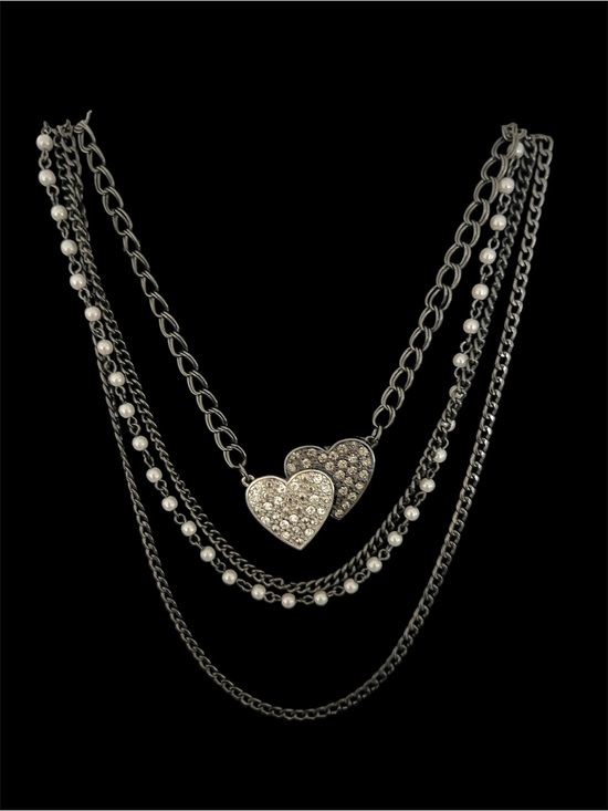 Guess Jewelry - Guess hearts  Silver-Tone Layered  Necklace with Crystal and Pearl Accents